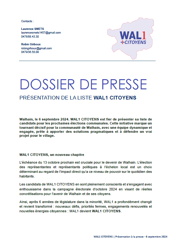 Dossier de presse WAL1 Citoyens — Présentation de la liste