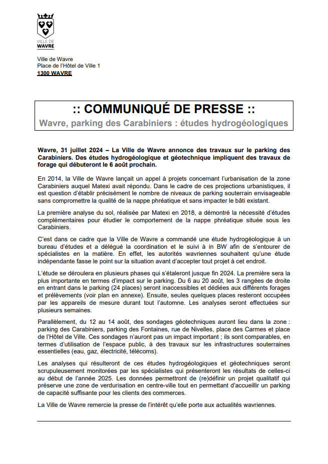 Communiqué de presse Ville de Wavre — Études hydrogéologiques parking des Carabiniers